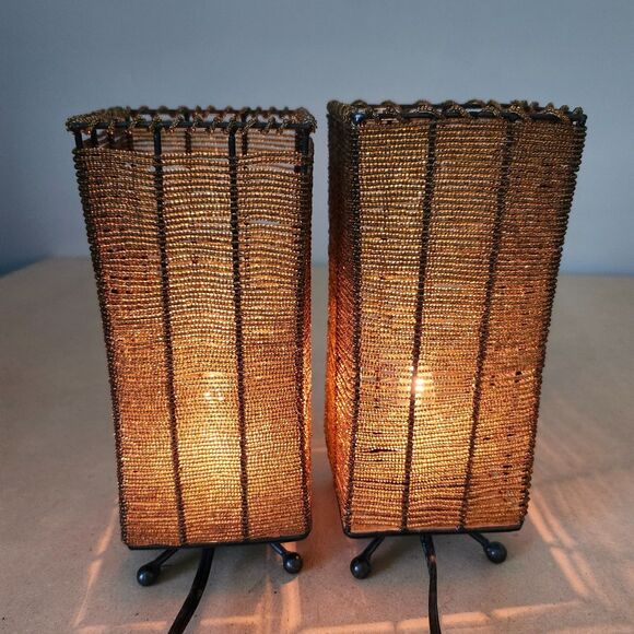 Beaded Table Lamps Set of 2 Warm Glow Mesh Shades Ambient Light Modern Boho 9x4 - Picture 1 of 7